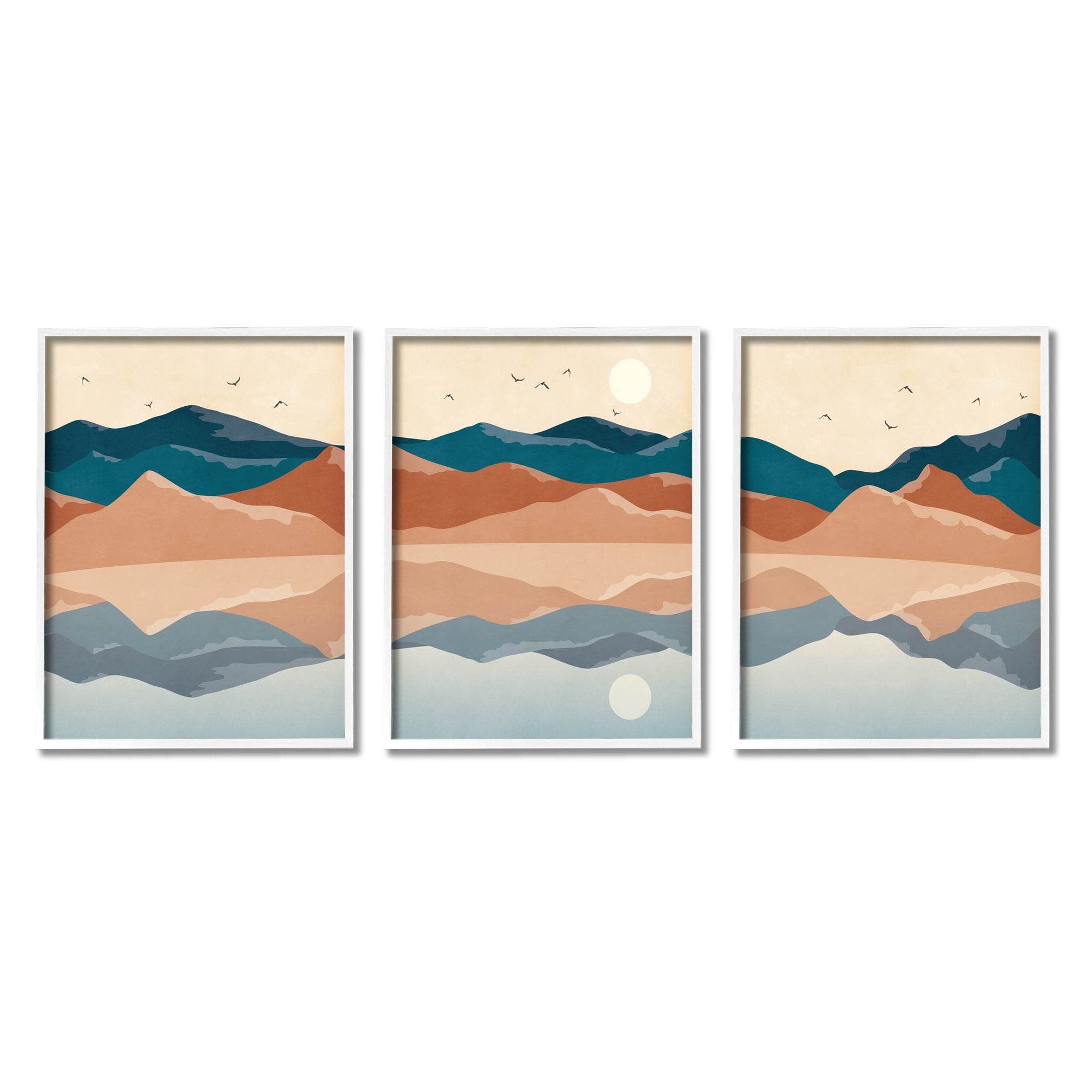 Stupell Industries Modern Landscape Reflection Flying Birds Over Lake Graphic Art White Framed Art Print Wall Art, Set of 3, Design by JJ Design House LLC