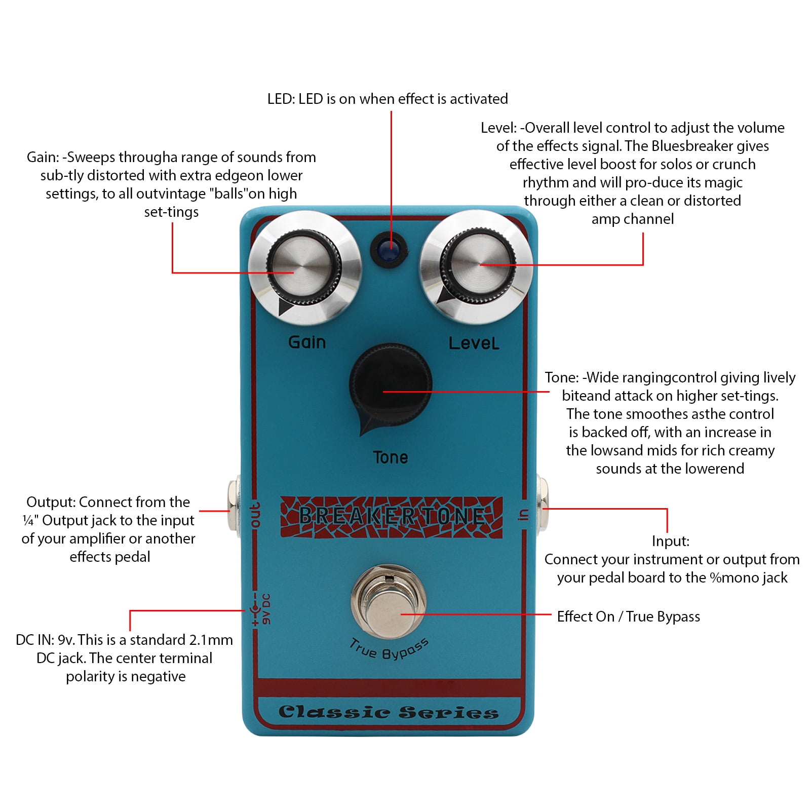 YAHHU Classic Blues Breaker Overdrive Guitar Effect Pedal Vintage True Bypass Aluminum Alloy Blue 4.7 inches / 12 cm