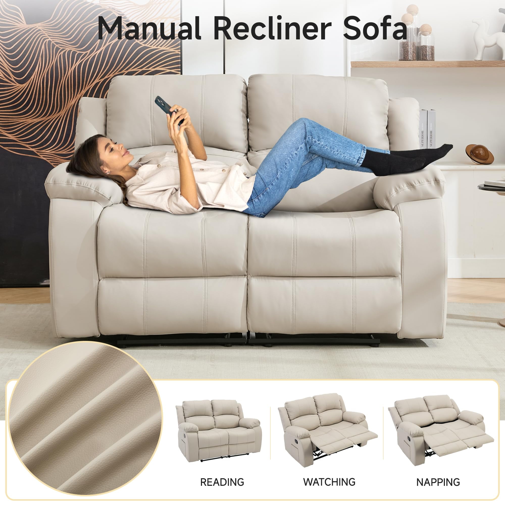 Comfortable Dual Reclining Leather Loveseat – Perfect for Couples, Ideal for Living Room & Home Theater (Beige)