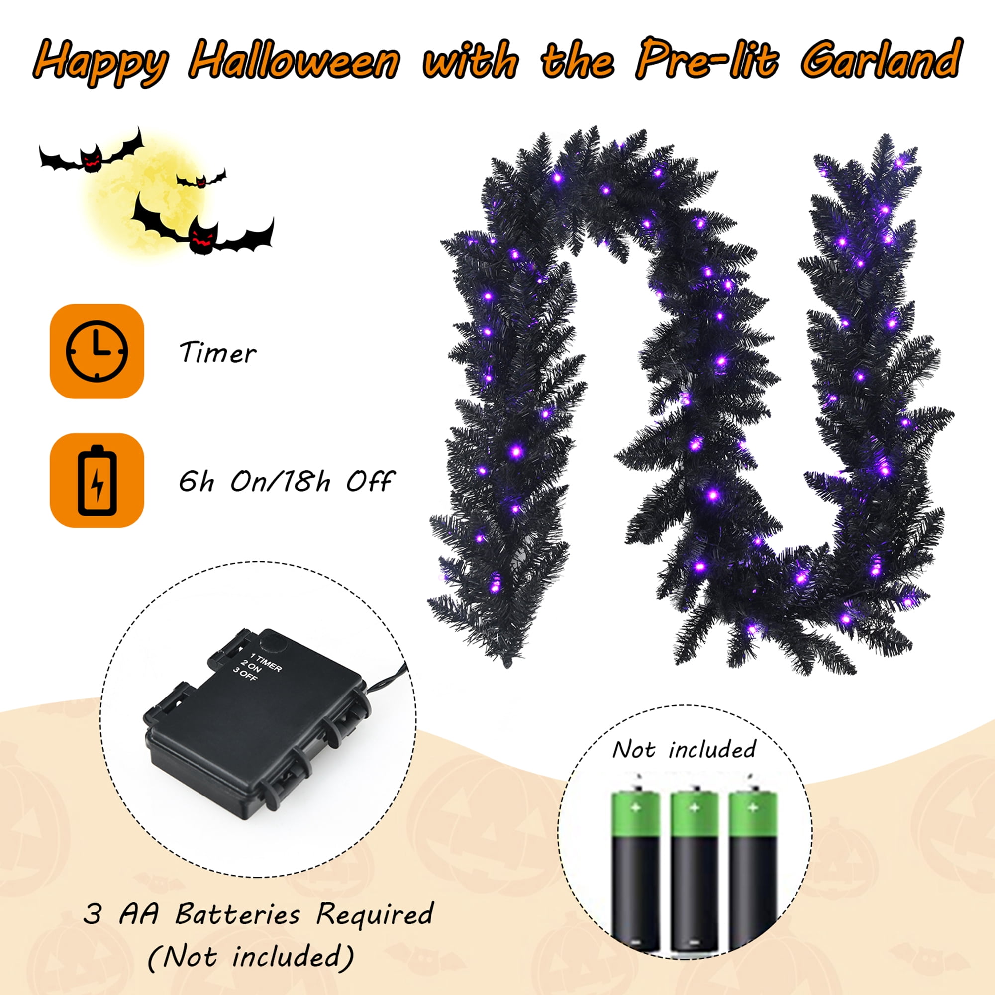Gymax Decorated Purple Prelit LED Battery Operated Garland, with Timer 9' (Black)