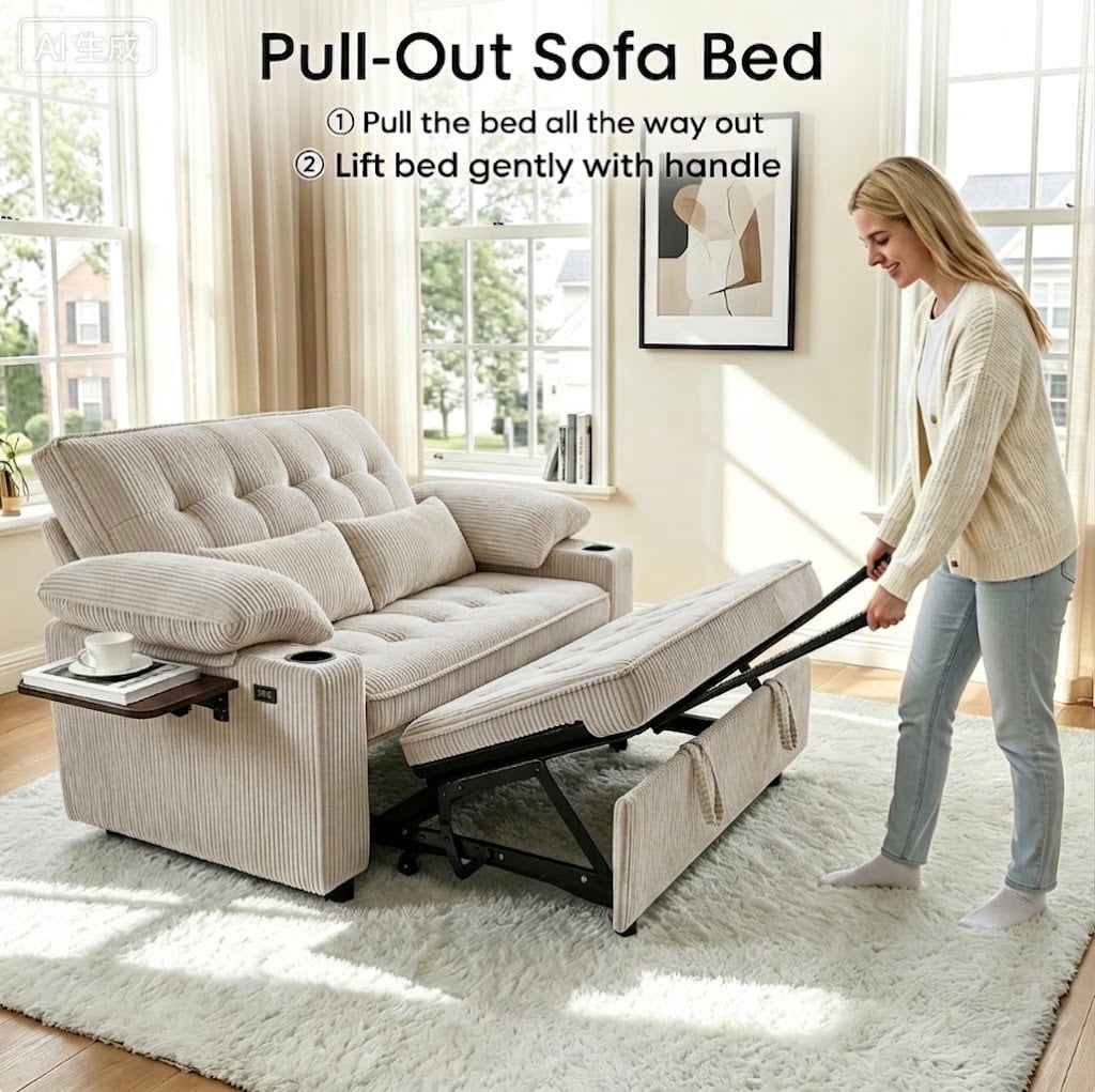 58" Sleeper Sofa Bed, Full Size Pull Out Couch, Convertible Loveseat Sofa with 5-Level Adjustable Backrest, USB Charging Ports, Cup Holders & Foldable Side Table, for Living Room, Apartment & Office