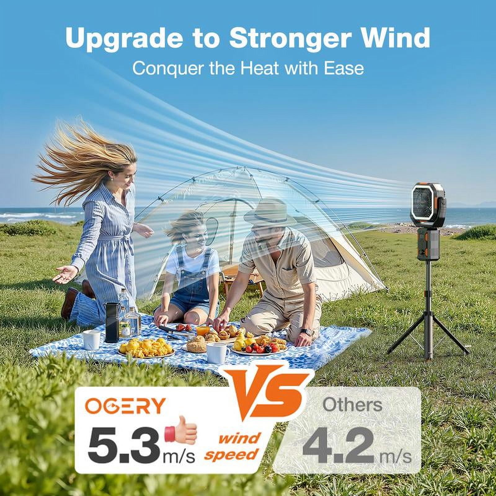 Camping Fan with Detachable Tripod,20000mAh Rechargeable Fan with LED Lights & 270° Pivot,4 in 1 Cordless Camping Fan,Remote Control Shaking Head Desk Fan for Camping Tent Travel Bedroom Portable