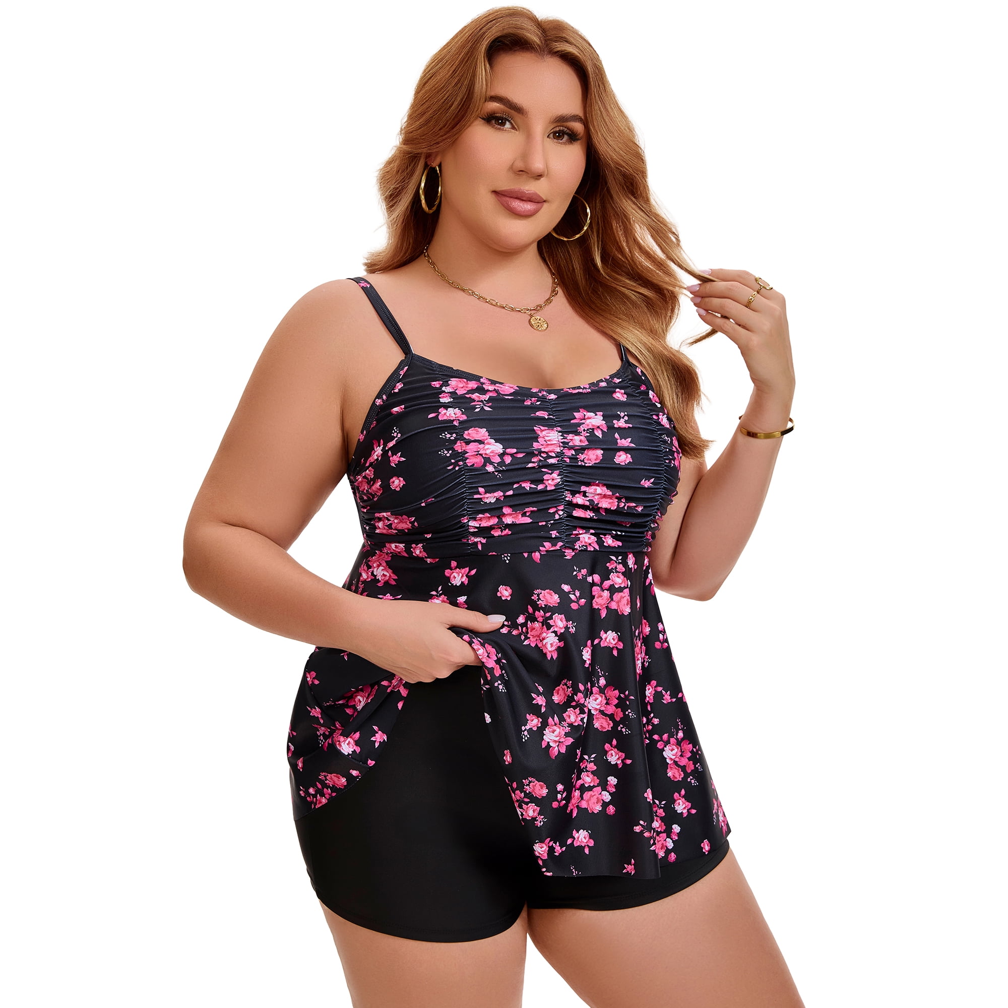 DARING DIVA Women's Plus Two Piece Swimsuit Tankini Top with Shorts L Pink