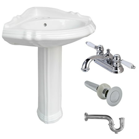 Corner Bathroom Pedestal Sink White China Deluxe Sheffield 4in Centerset Holes