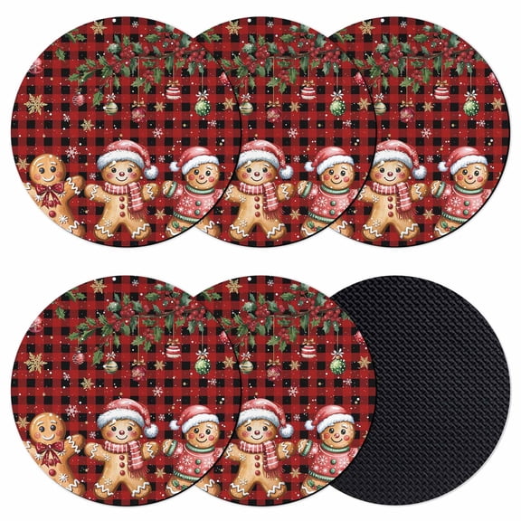 Gingerbread Christmas Coasters Set of 6, Absorbent Coasters for Drinks, Xmas Balls Branches Red Buffalo Plaid Coaster for Desk Coffee Table Protection, Home Decor House Warming Gifts 4"