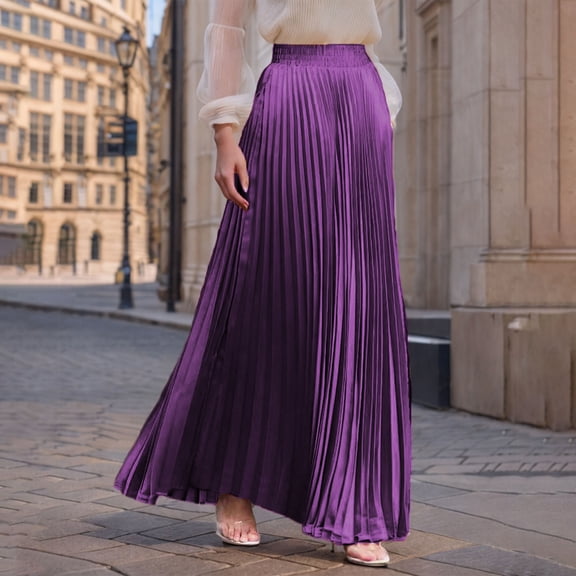 Gamivast Skirts for Women High Elastic Waist A-Line Long Maxi Skirt Solid Color Pleated Design Flowy Flattering Casual Work Vacation Summer Skirts Spring Skirts