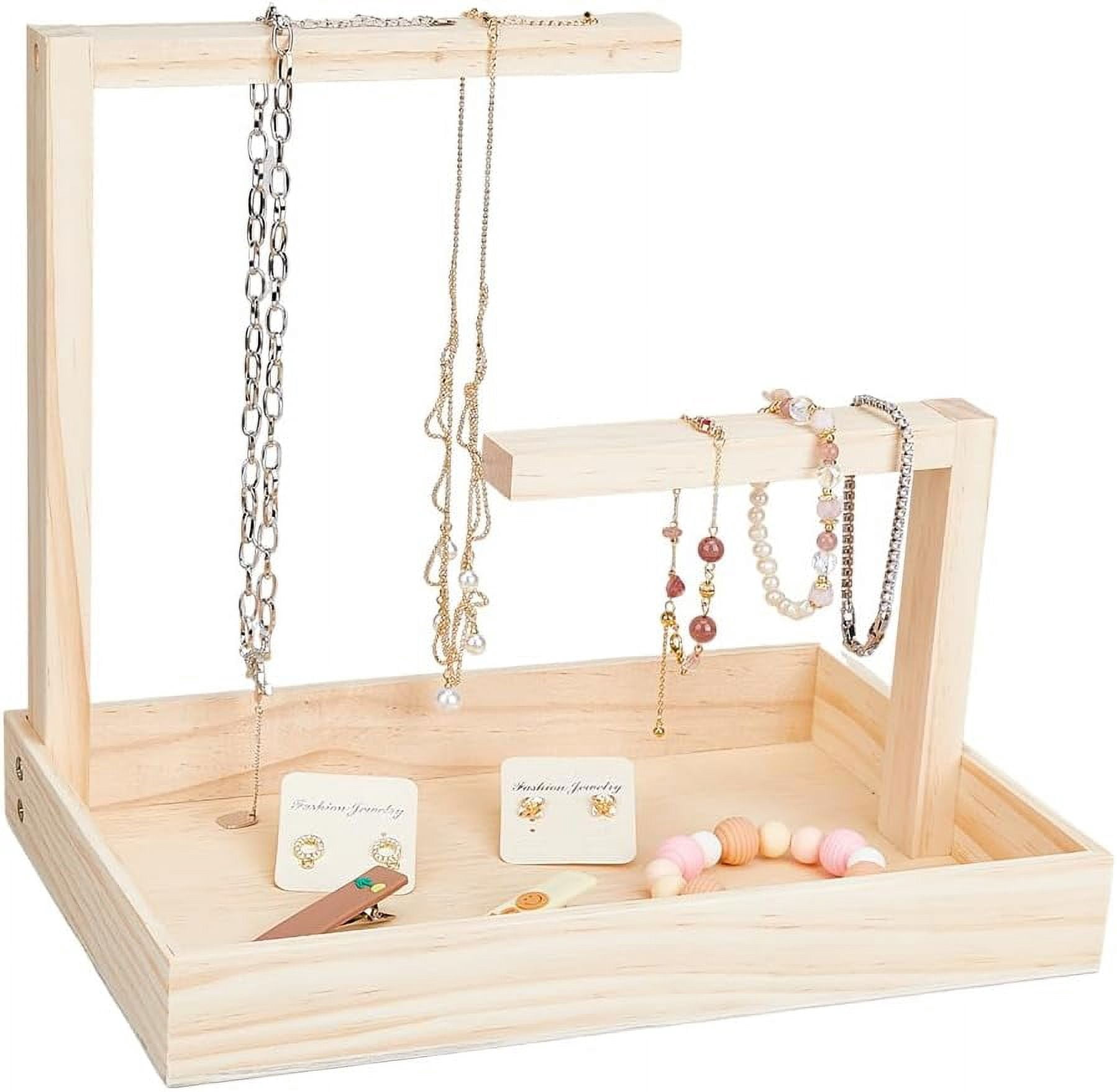 Wood Jewelry Display Stands Rectangle Jewelry Organizer Holder Coffee Necklace Hanging Organizer Rack with Tray for Bracelets Watches Earrings Rings DIY