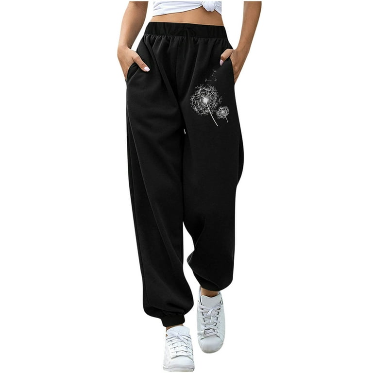YWDJ Sweatpants Women Baggy Design Fashion Women Ladies Casual Elastic  Ladies Waist Loose Pockets Printed Pants Black L 