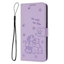 Decase Case for Samsung Galaxy S22, Embossed Cat Wallet Leather Case Cover with Cash Slots & Wrist Strap,Purple