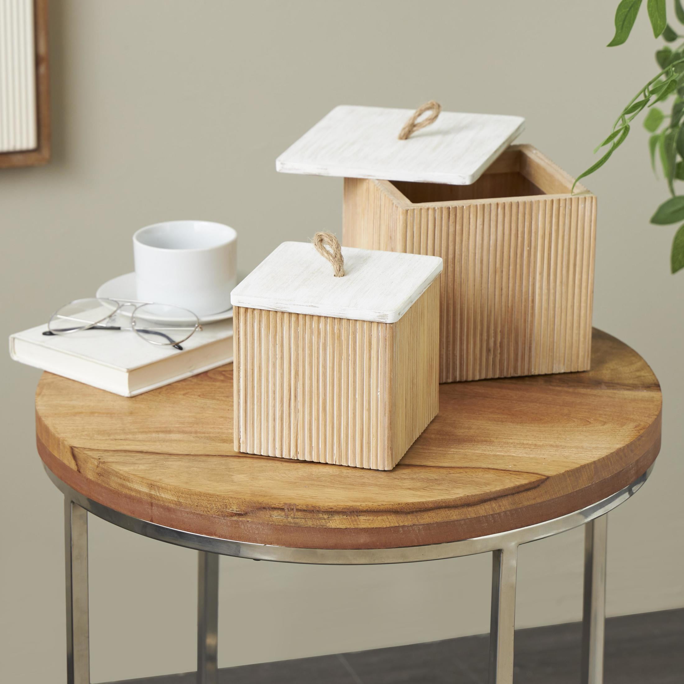 DecMode Washed Ribbed Storage Brown Wooden Decorative Box with White Lids and Rope Handles, 2 Count
