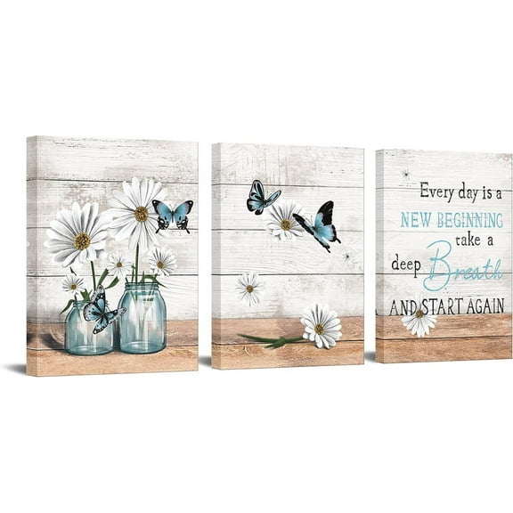 3 Piece Rustic Canvas Wall Art Daisy in Jar with Blue Butterfly Painting Pictures Motivational Inspiring Prints Artwork for Office Living Room Bedroom Bathroom Decor Framed Ready to Hang