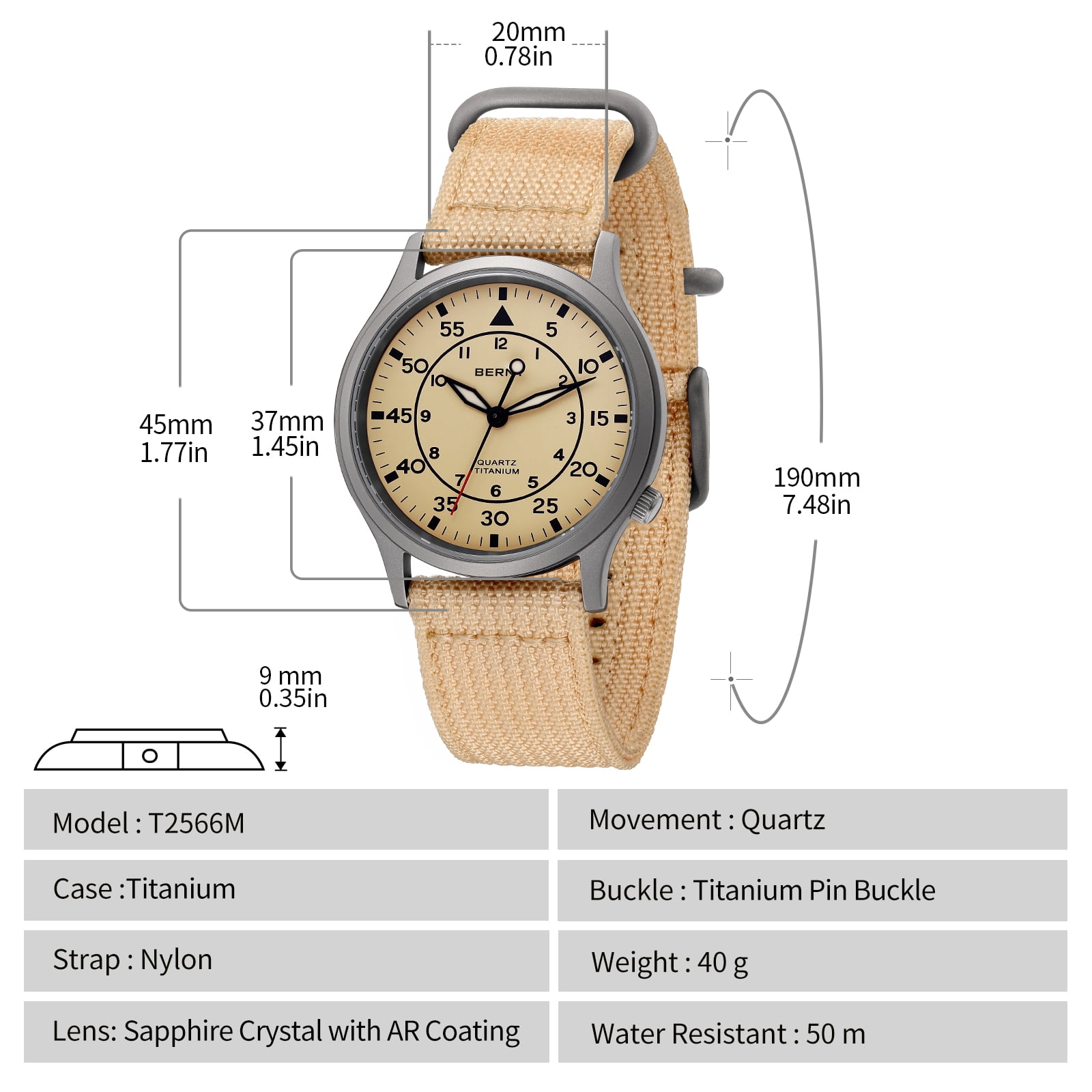 BERNY Titanium Watches for Men, Sport Military Men Watch with Canvas Strap, Japanese Quartz Movement, Super Luminous, Fashion Men's Field Watch, Casual 5ATM Waterproof Army Wristwatch, Beige