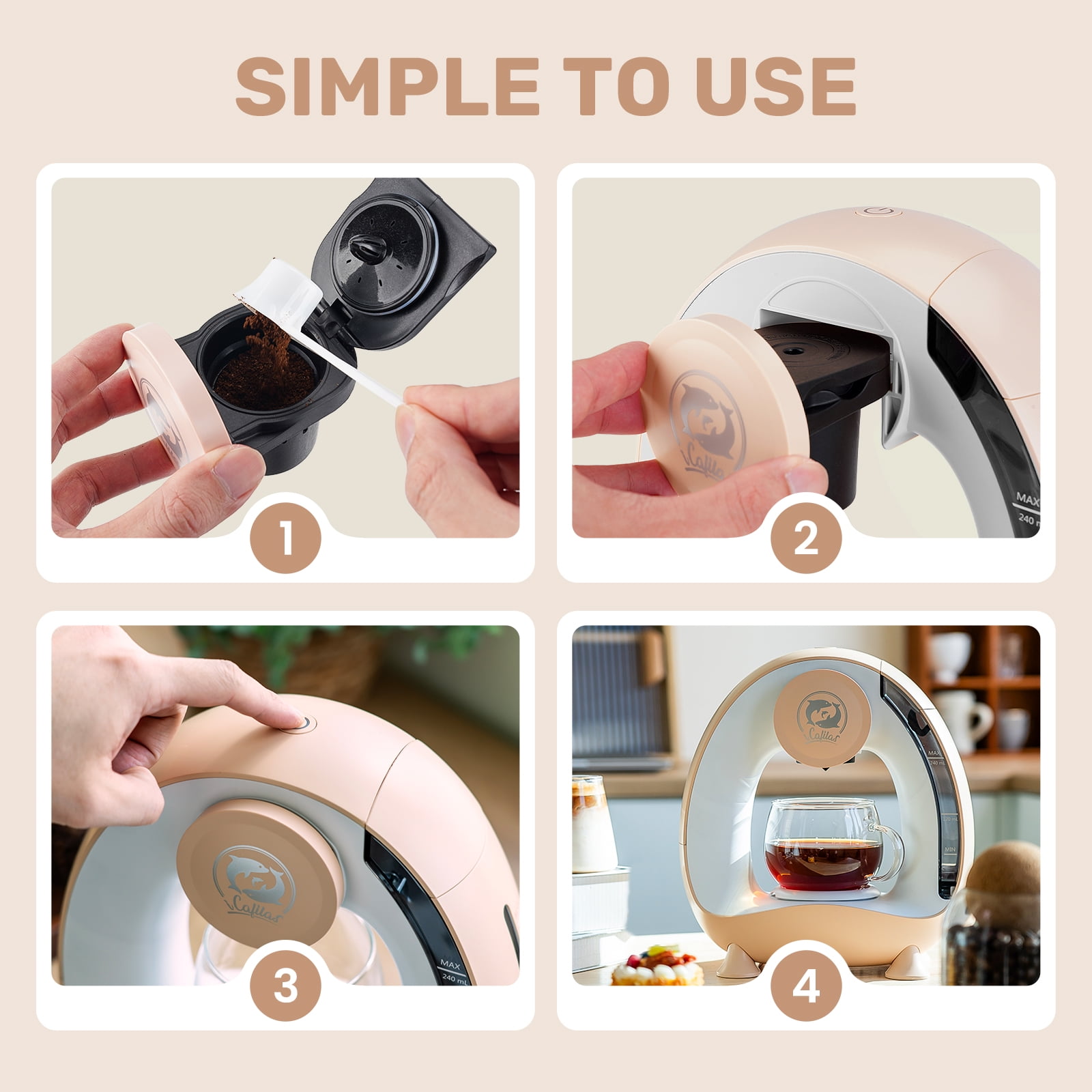 i Cafilas MINI Q Single Serve Coffee Maker Machine for Ground Coffee Low Decibel Silent No Vibration,Champagne