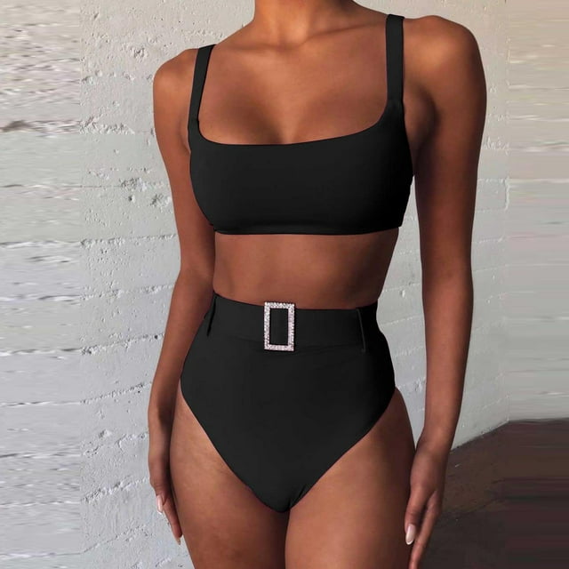 WREESH 2 Piece Set Women Solid Color High Waist Bikini Explosion Split Swimsuit