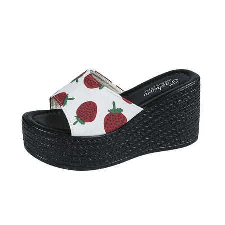 

Cathalem Ladies Summer Fashion Strawberry Pineapple Printed Cloth Open Toe Slope Heel Thick Slipper Red 42