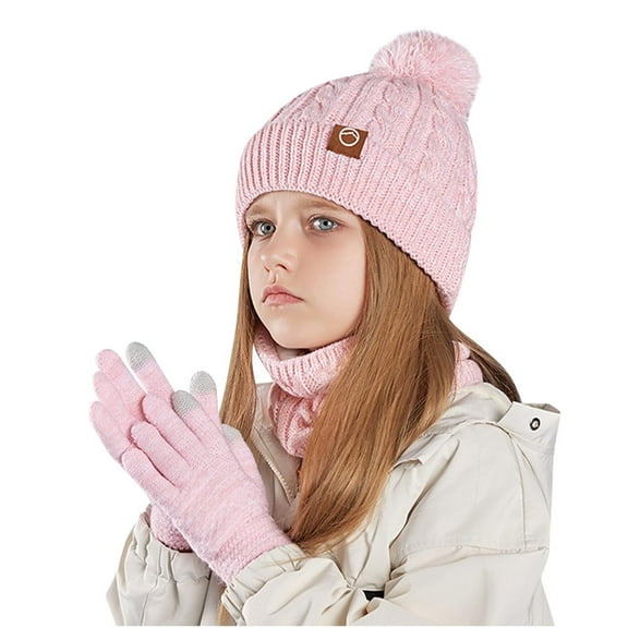 Jamicy Kids Scarves and Gloves Sets for Ages 4-10Y Children Kids Boys Girls Winter Hat Touch Screen Gloves Scarf 3pc Set Toddler Double Pompom Cap