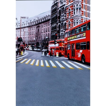 Image of Polyester 5x7ft London Red Double-Decker Bus Backdrop European Streetscape Photography Studio Props Urban Building Zebra Crossing Background Photo Sh