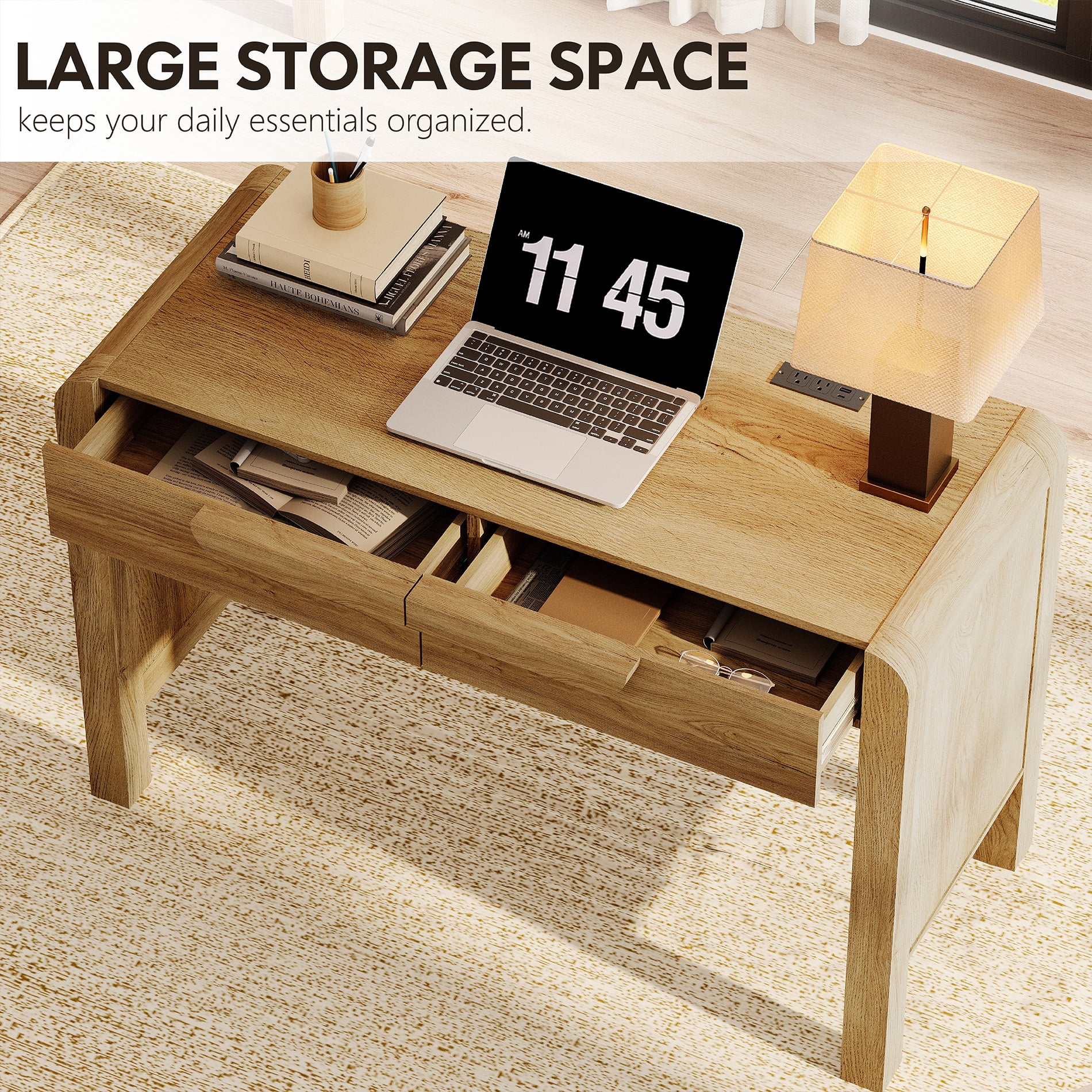 Modern Home Office Set, 47" Modern Executive Desk with Charging Station and Drawers & 2 Piece 71"H Tall 8-Tier Arched Bookcases with Cabinet for Living Room, Bedroom, Home Office