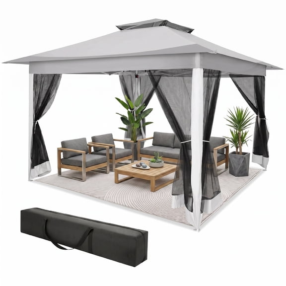 COBIZI 12x12 Pop up Gazebo Outdoor Canopy Gazebo Patio Gazebo with Mosquito Netting Canopy Shelter with 121 Square feet of Shade for Poolside, Garden, Party and Backyard, Light Gray(Upgraded)