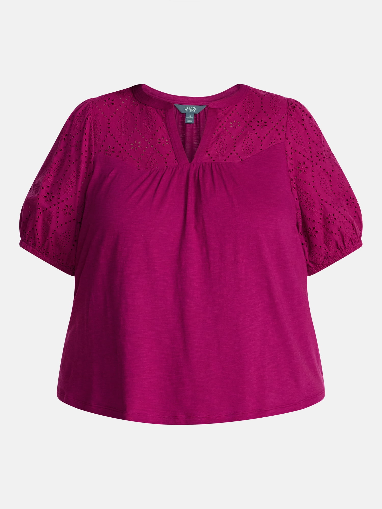Terra & Sky Women's Plus Eyelet Yoke Top with Short Puff Sleeves, Sizes 0X-5X