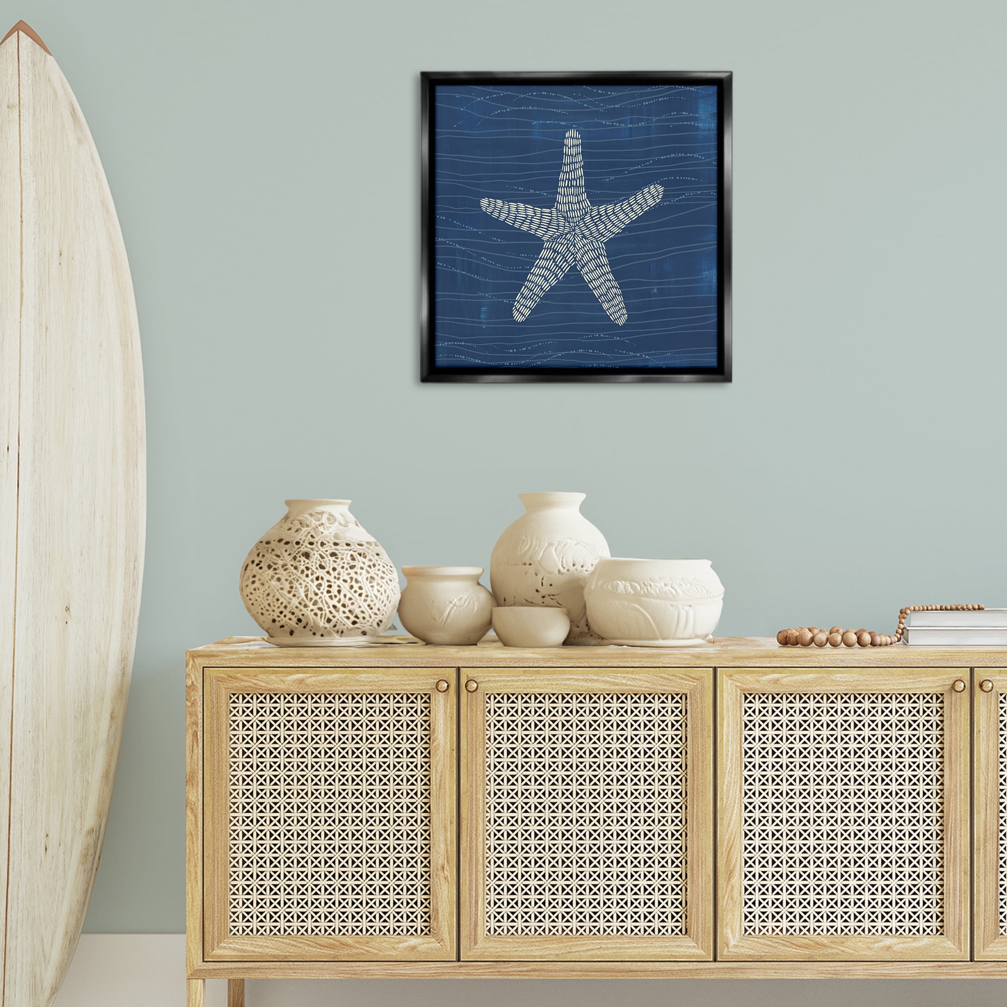 Stupell Industries Starfish on Blue Coastal Painting Black Floater Framed Canvas Art Print Wall Art, 25 x 25