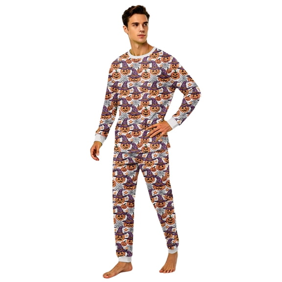 Family Matching Halloween Pajamas Set Castle Skeleton Crew Neck Spooky Pjs Bat Candy Long Sleeve Horror Loungewear, Men:M