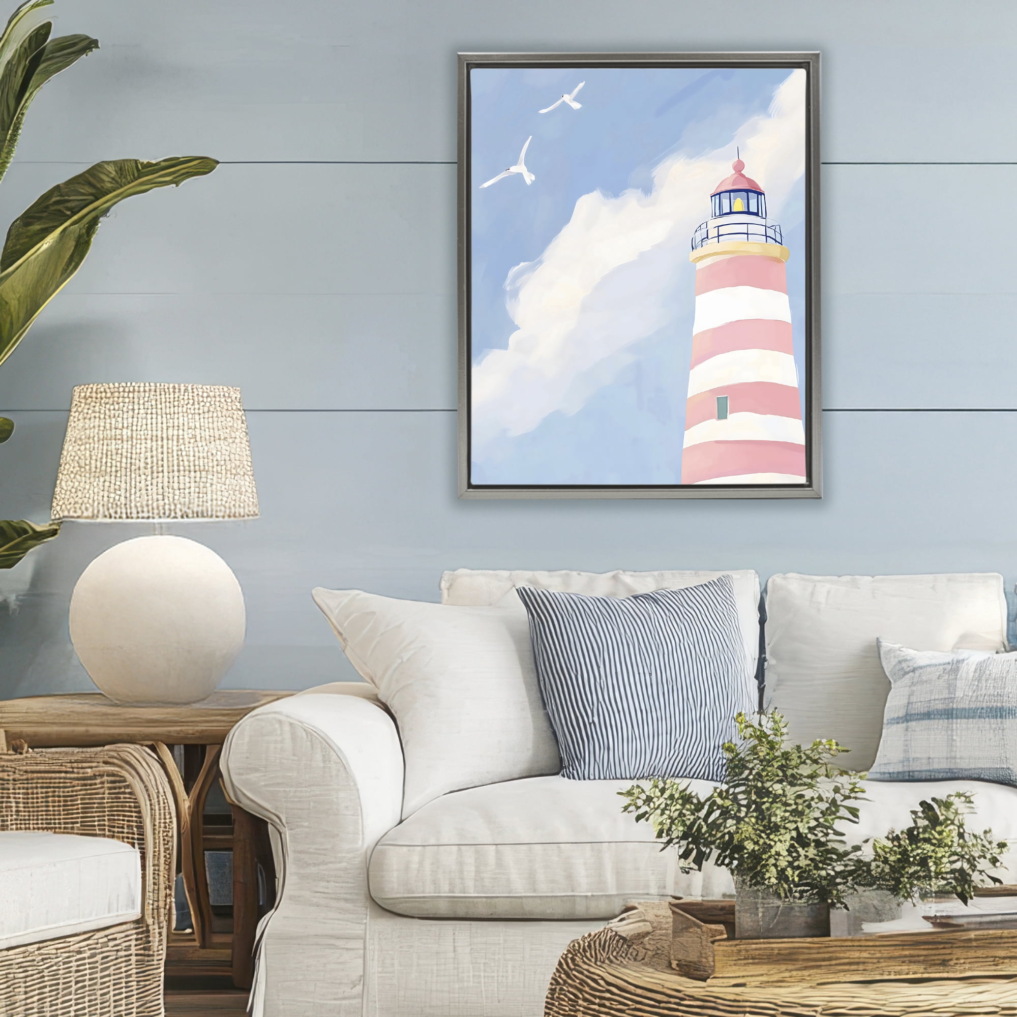 Stupell Industries Striped Lighthouse with Seagulls Gray Framed Floater Canvas Wall Art, design by The Prints Vibe
