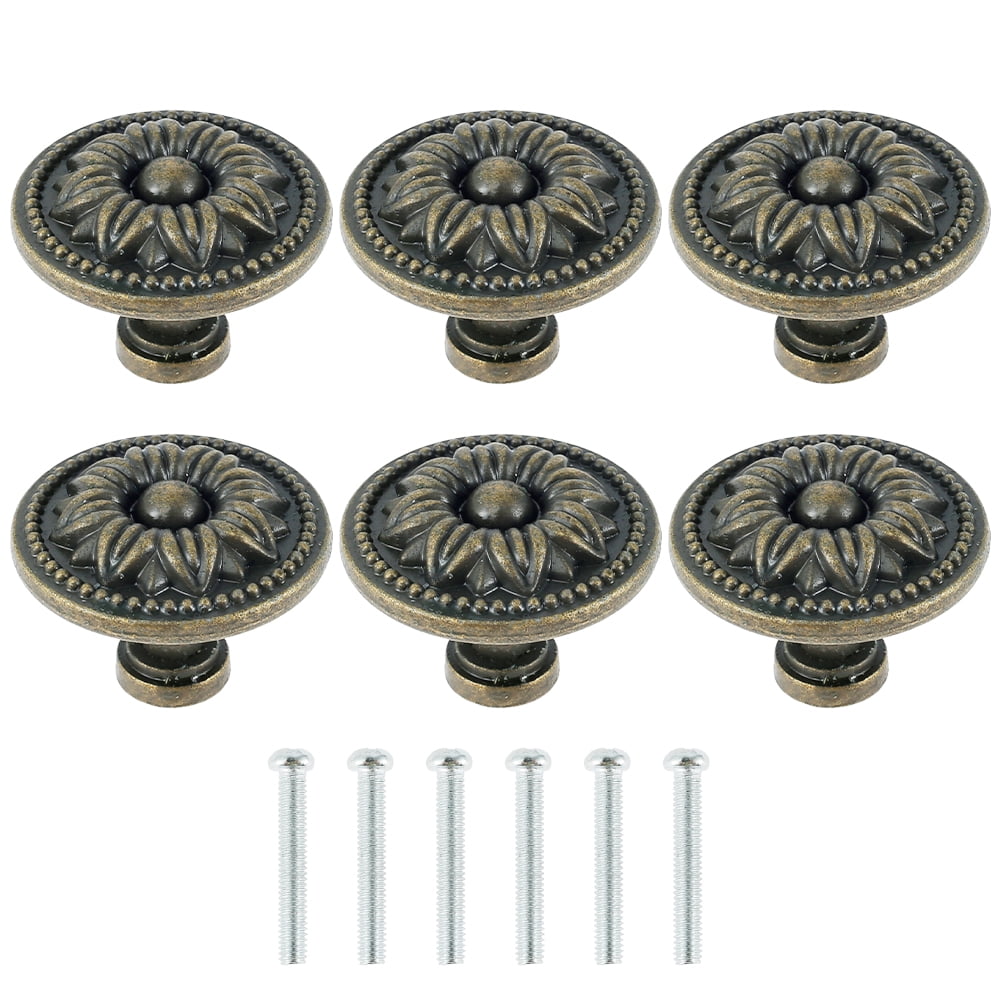 6pcs Vintage Cabinet Knobs Antique Bronze Cupboard Door Pull Knob Round Zinc Alloy Dresser Knob Flower Drawer Handle Knob with 6 Screws for Furniture Kitchen Cupboard Closet Wardrobe Decoration