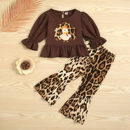 

CHGBMOK Clearance Autumn Thanksgiving Girls Clothing Set Long Sleeve Turkey Tops Leopard Polka Dot Flared Trousers Clothes Suit Outfits