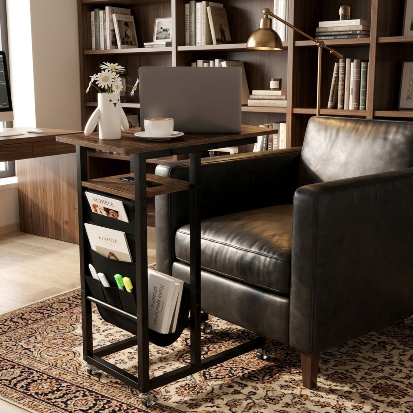 Furnibear C Shaped End Table with Charging Station and Retractable Tabletop for Sofa Couch Bedside and Small Living Room Narrow Spaces, Brown