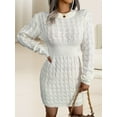 thumbnail image 6 of Casual Cable Knit Sweater Dress with Tie-Waist for Female, Autumn Winter Bodycon Tight Long Sleeve Tunic White L, 6 of 10