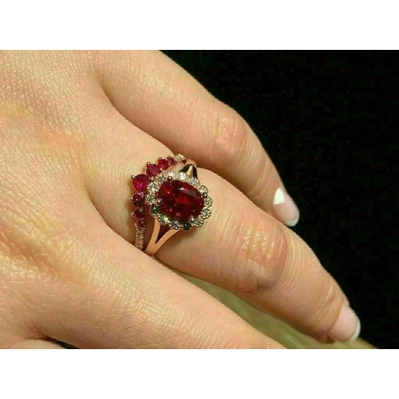 Gems Jewels 2.00 Ctw Oval Cut Garnet & Diamond Wedding Anniversary Engagement Bridal Set Ring 14K Yellow Gold Plated 925 Sterling Silver 925 Sterling Silver -7
