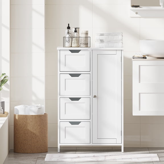 Noble House Nesta Bathroom Storage Cabinet with 4 Drawers, and Adjustable Shelf, Wooden Floor Organizer, White