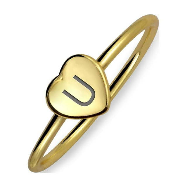 Tiny Minimalist ABC Heart Shape Script Or Block Letter Alphabet U Initial Monogram Signet Ring for Teen for Women 14K Gold Plated .925 Sterling Silver Custom Engraved