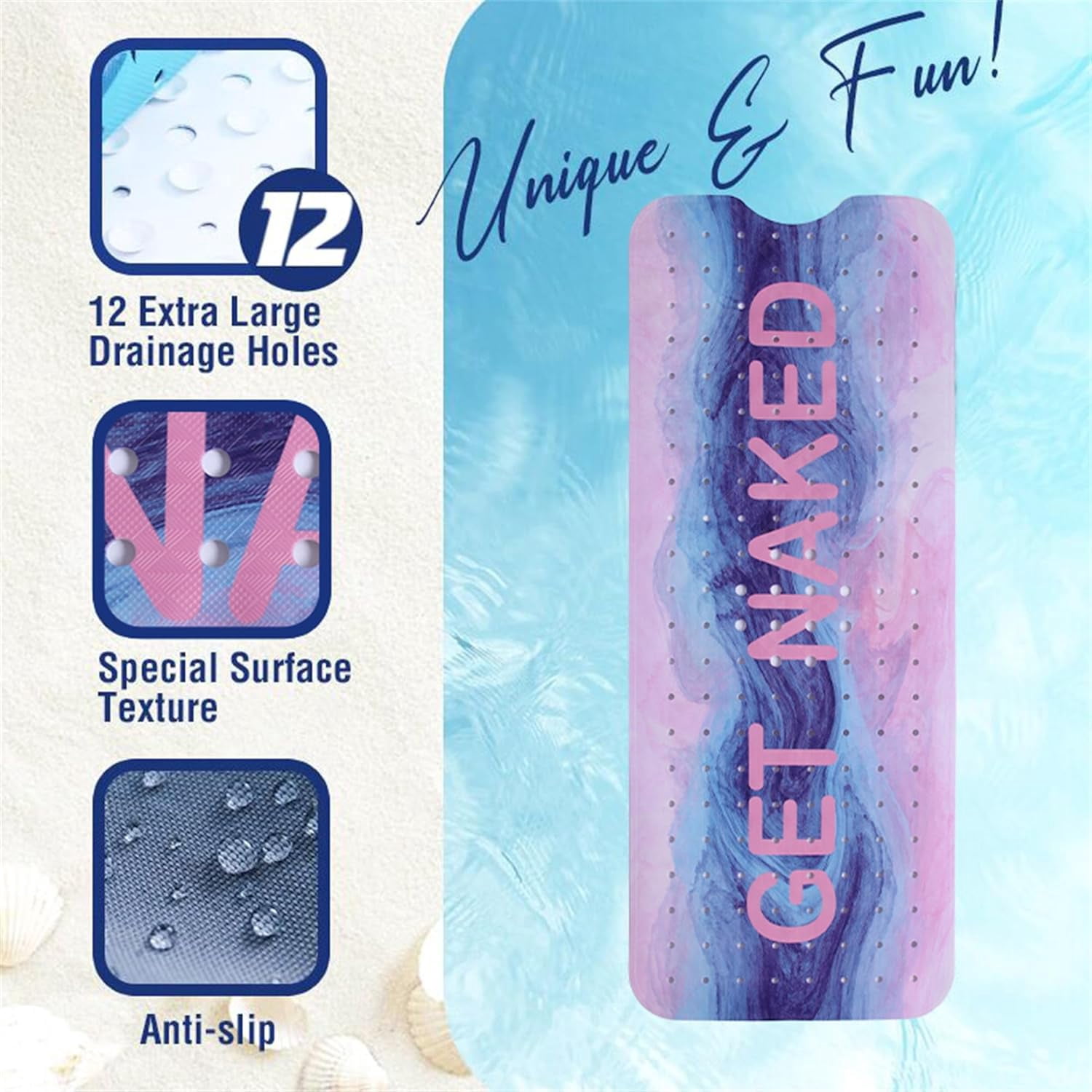 Extra Long Non-Slip Bathtub Mat 40x16 Inches - Pink Blue Marble Design With Funny Quotes, Drain Holes & Suction Cups