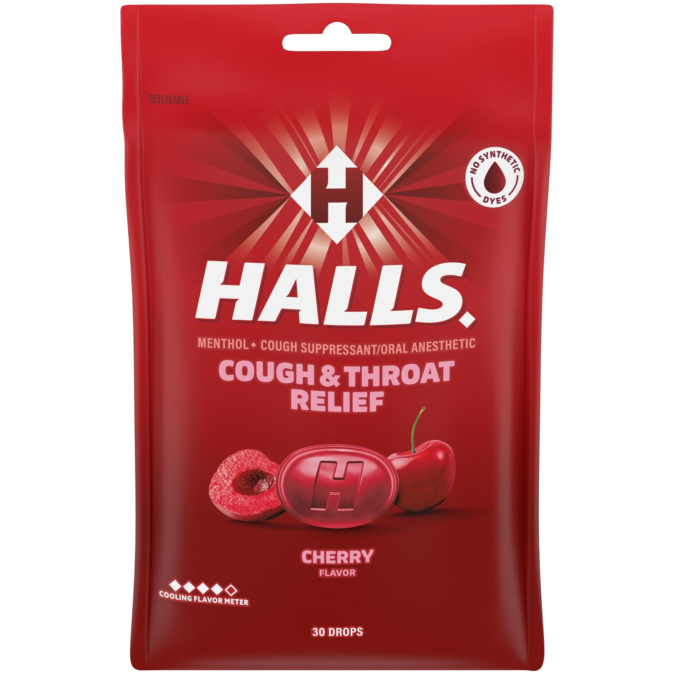 (4 pack) HALLS Cough and Throat Relief Cherry Cough Drops, 30 Drops