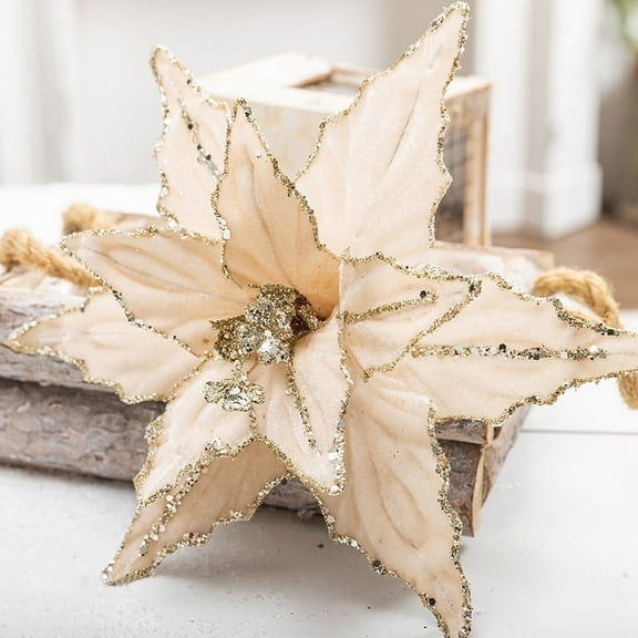 5Pcs 25cm Christmas Flower Head Ornament Glitter Golden Velvet Artificial Flower Christmas Tree Hanging Flowers Decor 2025 New Year (champagne gold)