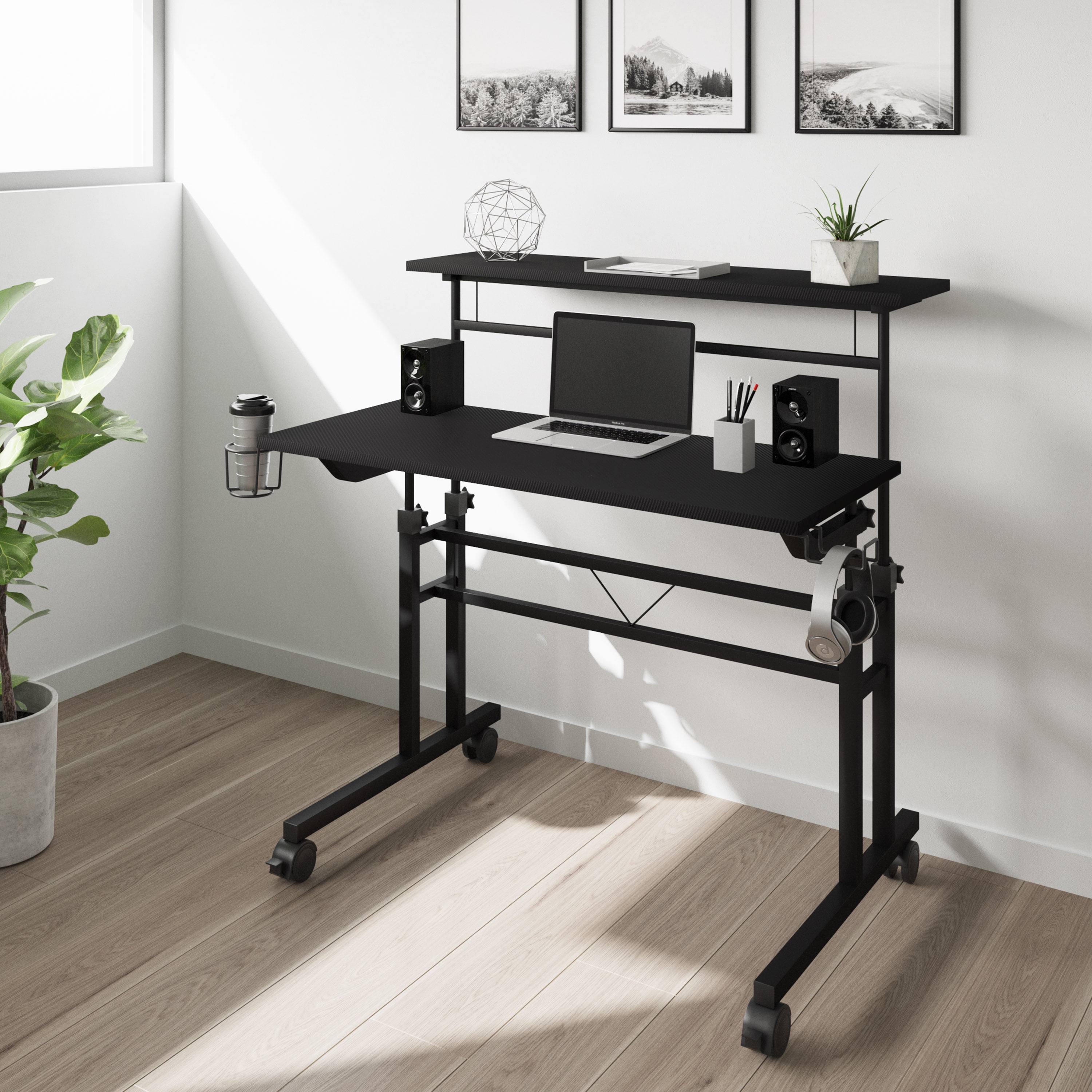 Techni Mobili Rolling Writing Desk with Height Adjustable Desktop and  Moveable Shelf, Black