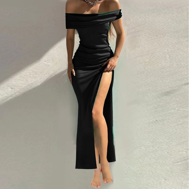 SMihono Robe Maxi Bohème d'Été pour Femmes Grande Taille Mode Féminine Été Solide une Épaule Aguichant Longue Robe Formelle Robe de Plage