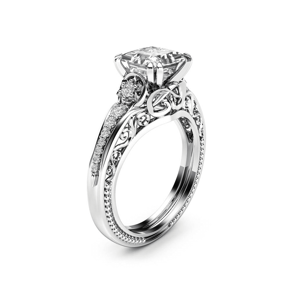 HeartsAndYou 2ct Princess Cut Moissanite Engagement Ring for Women 18k White Gold over Silver Milgrain Vintage Inspired