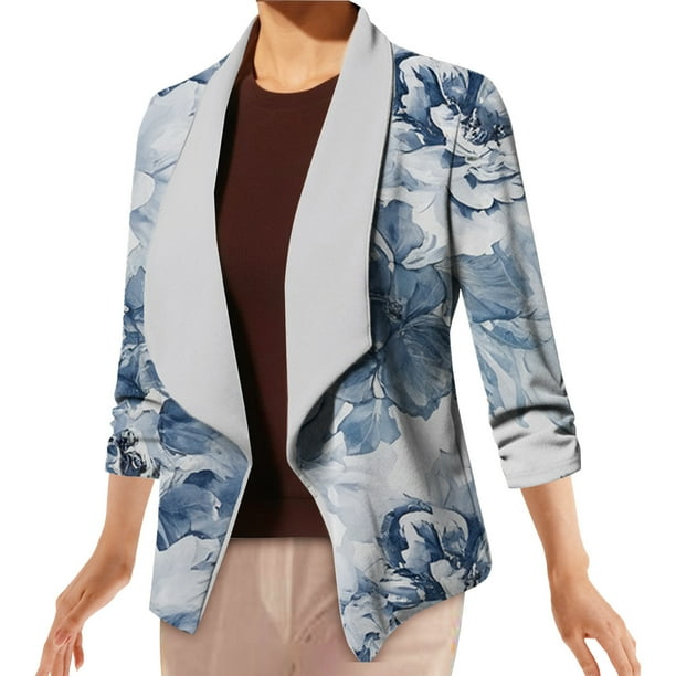Sacos y Chaquetas de traje Chaqueta de traje de trabajo de solapa informal con estampado elegante de manga larga para mujer, abrigo, prendas de vestir, ropa informal,temperamento blazer(Azul, 3XL)