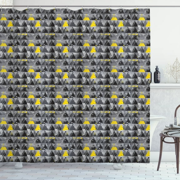 Ambesonne Modern Art Shower Curtain, Grungy Triangles Numbers, 69"Wx70"L, Black Yellow and Grey