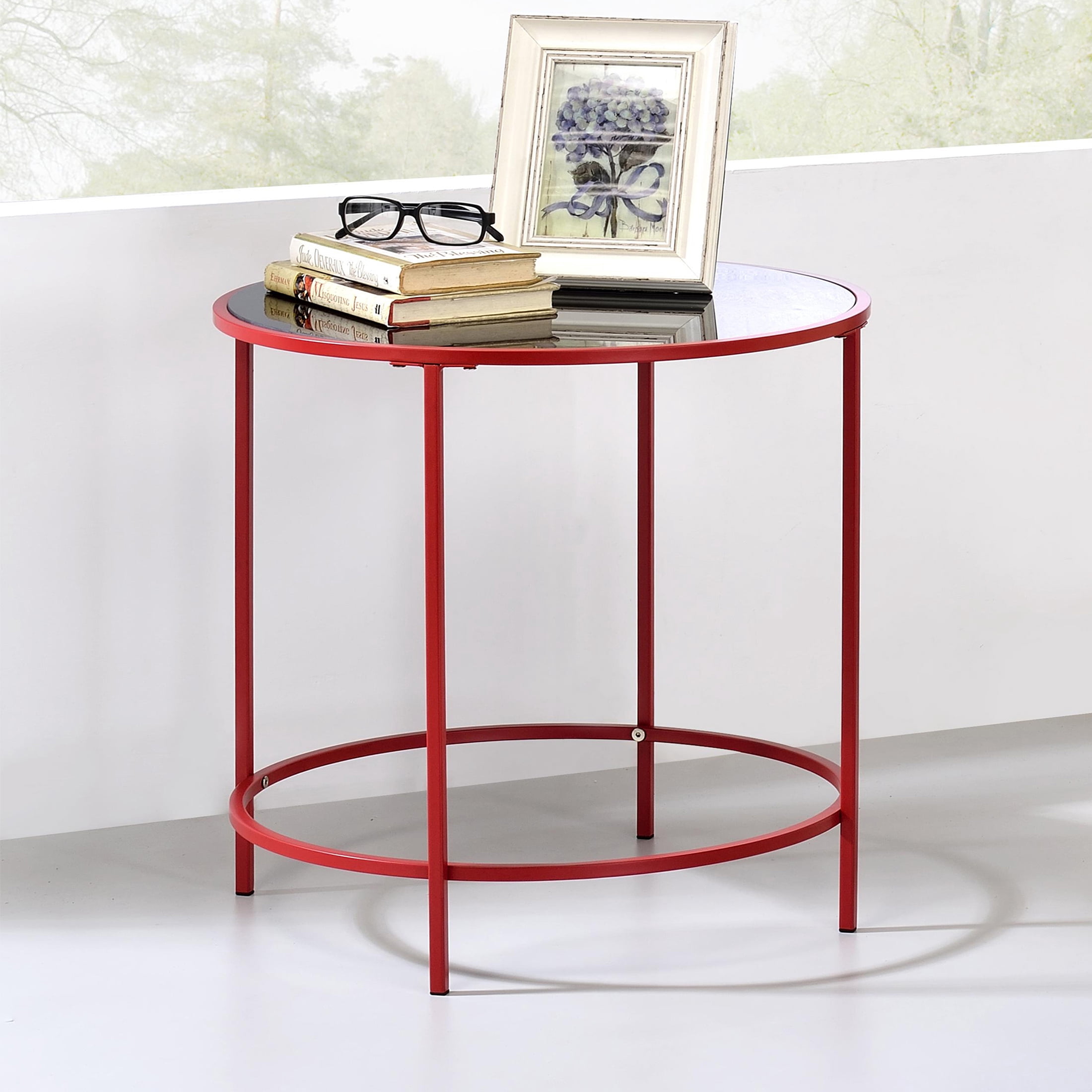 Furniture of America Harre Glass Top Side Table, Red