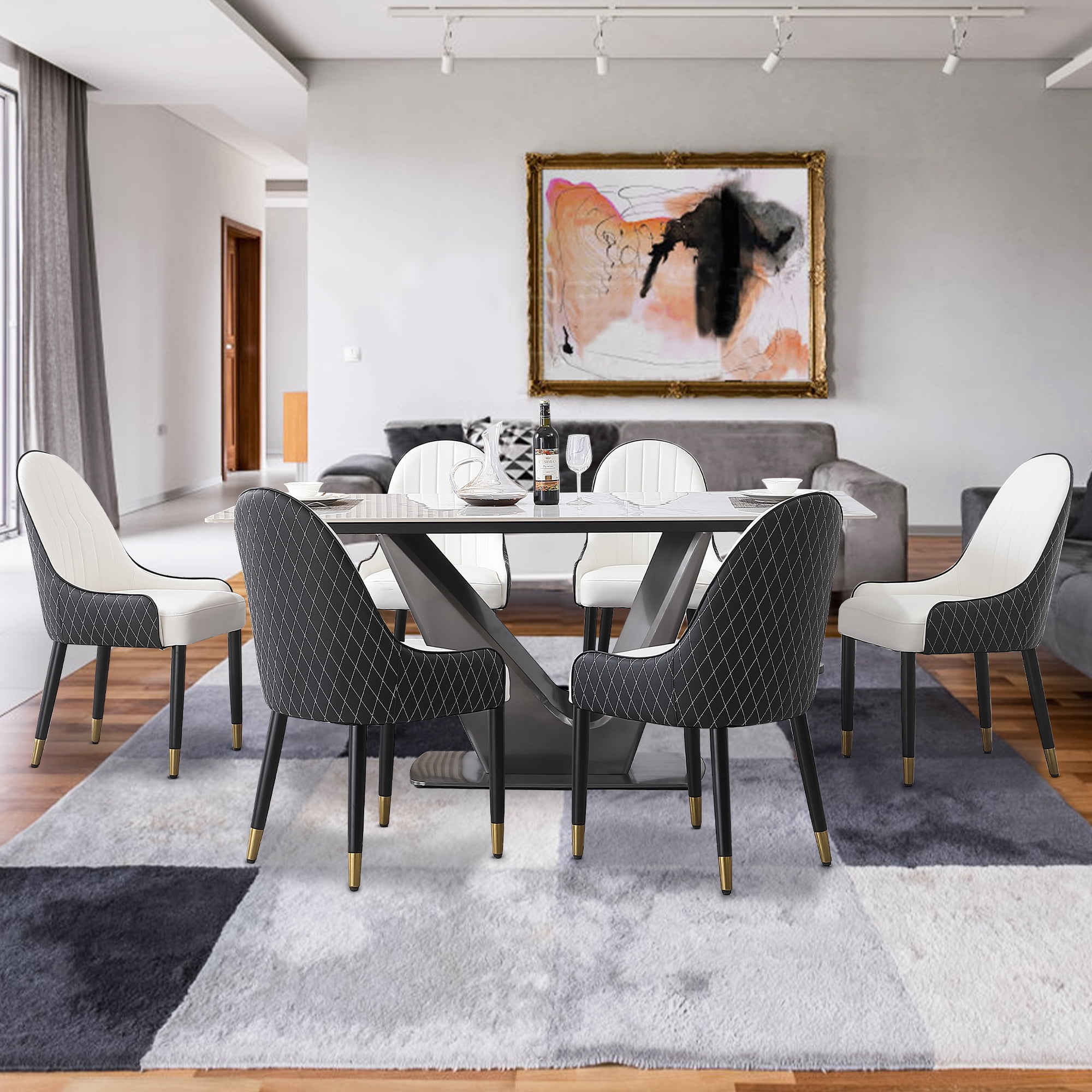 Leavader 71” White Stone Home Kitchen Dining Room Table Set for 6