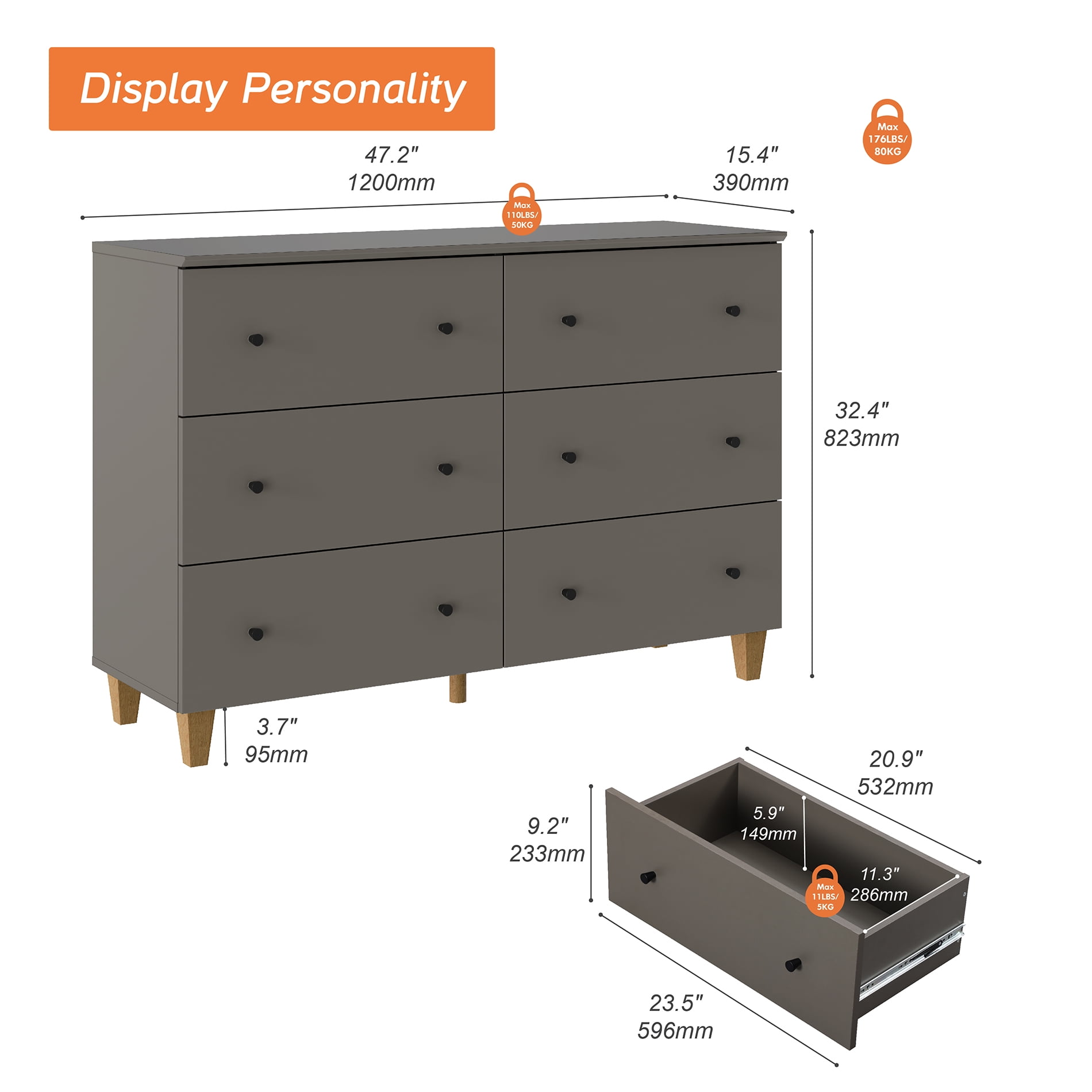 WAMPAT Dresser with 6 Drawers for Bedroom, Modern Wood Wide Double Dressers with Chest of Drawers, Dark Grey
