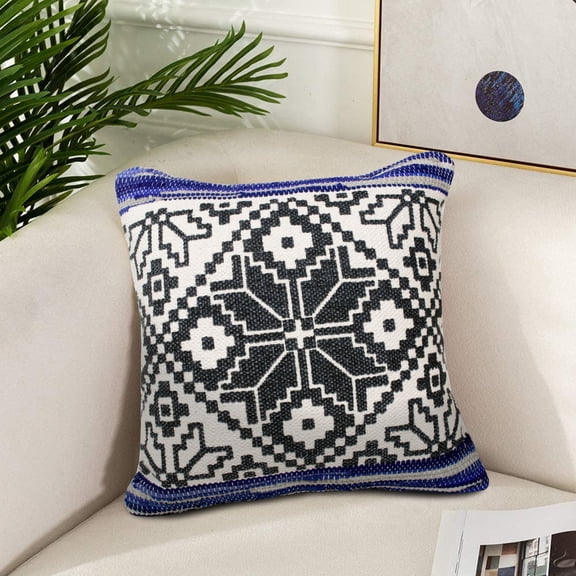 Laddha Home Designs Handwoven Tribal Geometric Throw Pillow Cover - 20" - Blue and Gray