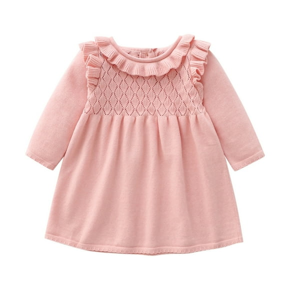 MEZZALL Bébé Enfants Nourrissons Filles Chandail Tricoté Uni Printemps Hiver Manches Longues Épais Robe Princesse Tricot Loisirs Robe d'Été, Rose, 1-2 Ans