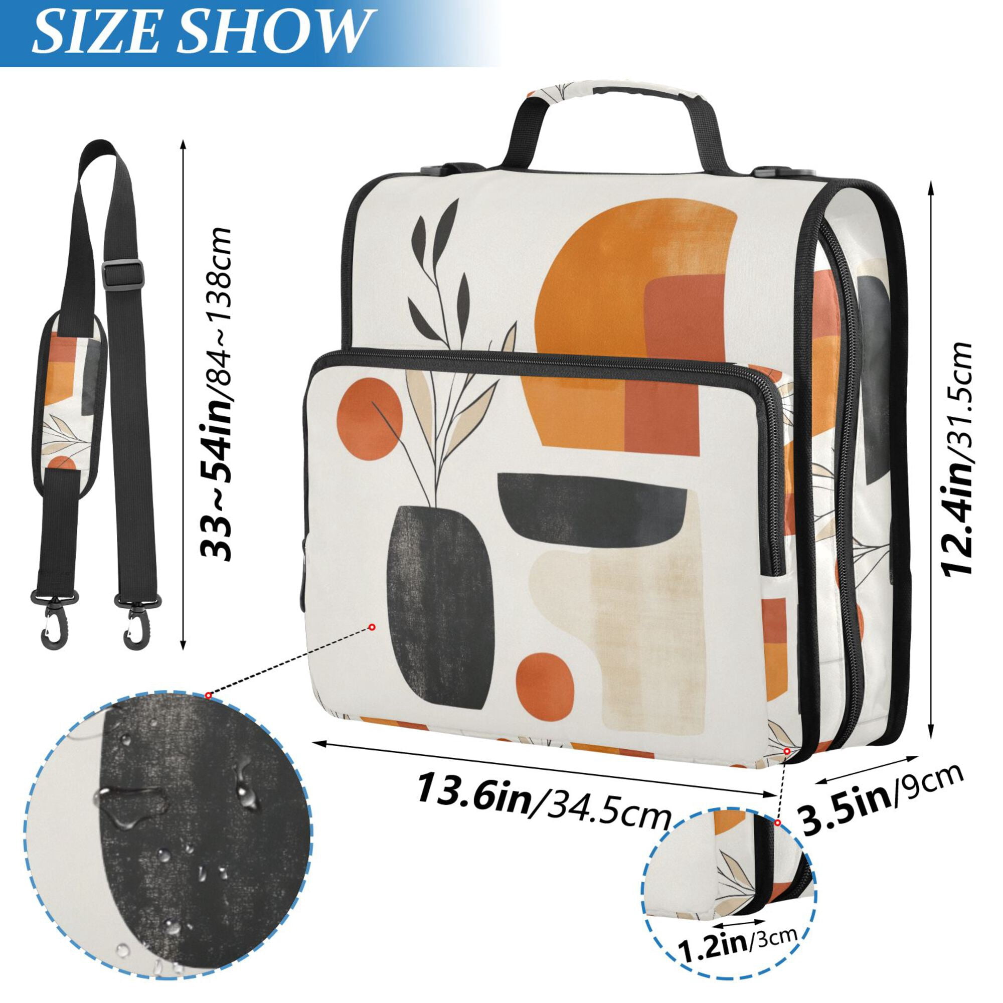 FORMRS Zipper Binder with Shoulder Strap 2-inch Ring 500 Sheet Capacity File Bag, White Abstract Shapes