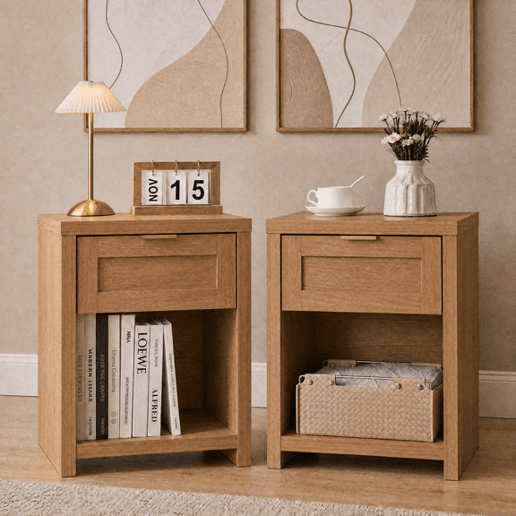 ARKANTOS Large Nightstand Set of 2, Farmhouse Style Bedside Tables, for Bedroom and Living Room, Natural Oak