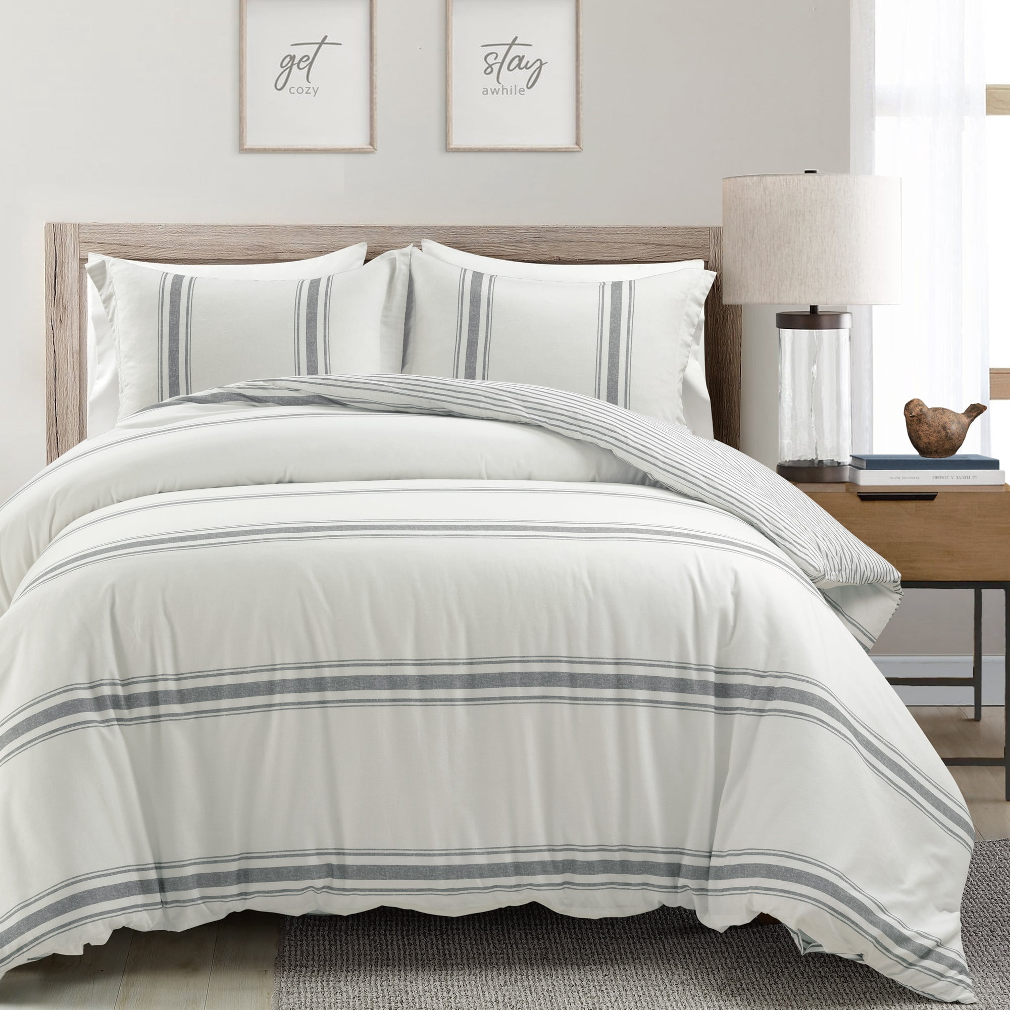 Lush Decor Farmhouse Stripe Reversible Cotton Duvet Cover Dark Gray 3PC Set Full/Queen